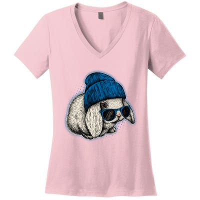 Cute Easter Cool Blue Bunny Rabbit Women's V-Neck T-Shirt