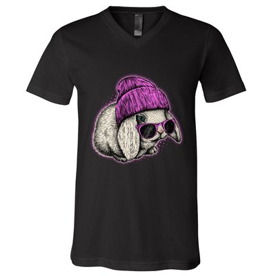 Cute Easter Cool Pink Bunny Rabbit V-Neck T-Shirt