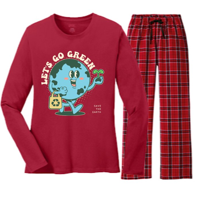 Cute Earth Day Lets Go Green Save The Earth Women's Long Sleeve Flannel Pajama Set 