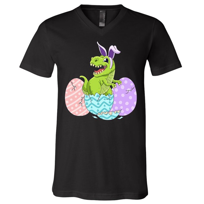 Cute Easter Dinosaur T Rex Bunny Easter Day V-Neck T-Shirt