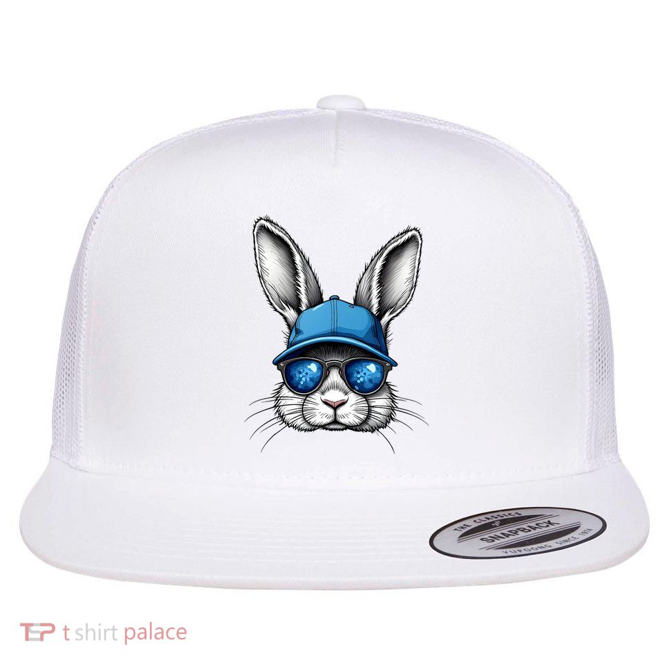 Cool Easter Day Bunny Face With Sunglasses Flat Bill Trucker Hat