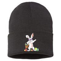 Cute Easter Dabbing Bunny Rabbit With Easter Eggs Sustainable Knit Beanie