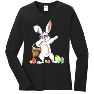 Cute Easter Dabbing Bunny Rabbit With Easter Eggs Ladies Long Sleeve Shirt