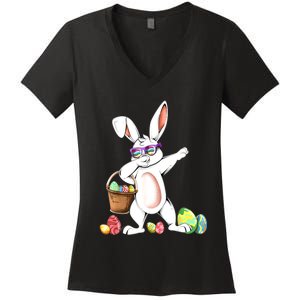 Cute Easter Dabbing Bunny Rabbit With Easter Eggs Women's V-Neck T-Shirt