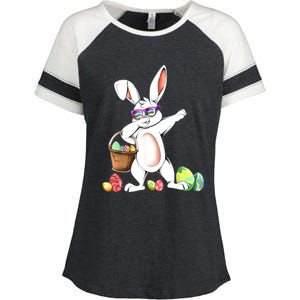 Cute Easter Dabbing Bunny Rabbit With Easter Eggs Enza Ladies Jersey Colorblock Tee