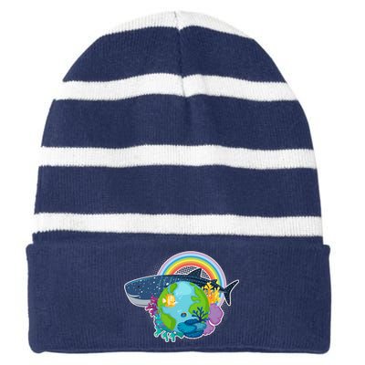 Colorful Earth Day Ocean Sea Life Striped Beanie with Solid Band