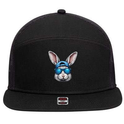 Cool Easter Day Bunny Face With Sunglasses  7 Panel Mesh Trucker Snapback Hat