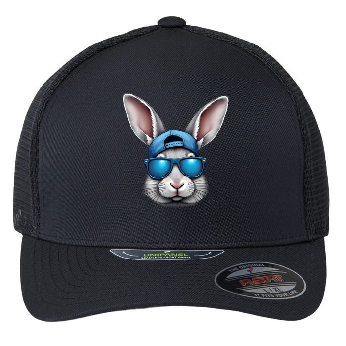 Cool Easter Day Bunny Face With Sunglasses  Flexfit Unipanel Trucker Cap