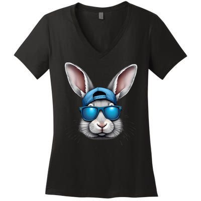 Cool Easter Day Bunny Face With Sunglasses  Women's V-Neck T-Shirt
