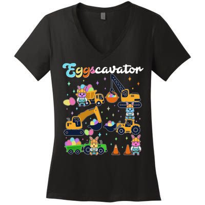 Cute Easter Eggscavator Construction Bunny Rabbits Women's V-Neck T-Shirt