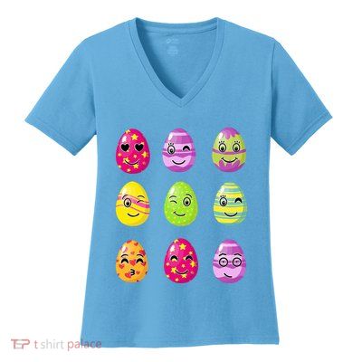 Colorful Easter Eggs Smiley Women's V-Neck T-Shirt