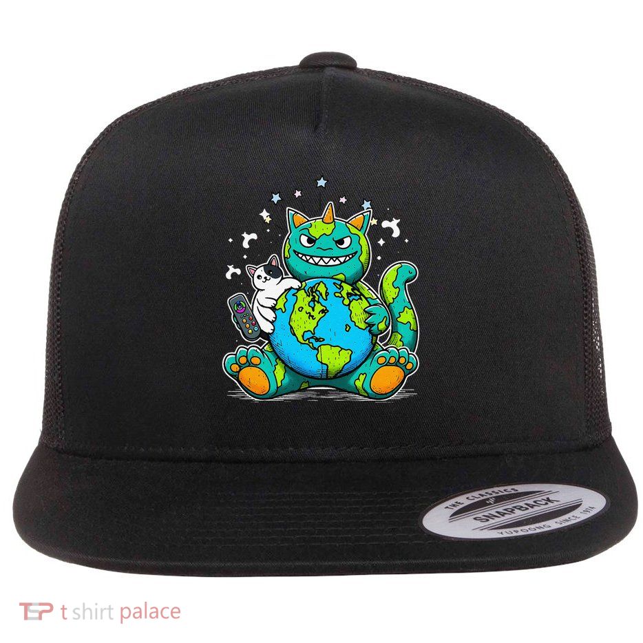 Catzilla Earth Funny Catzilla Cat Japanese Earth Day Flat Bill Trucker Hat