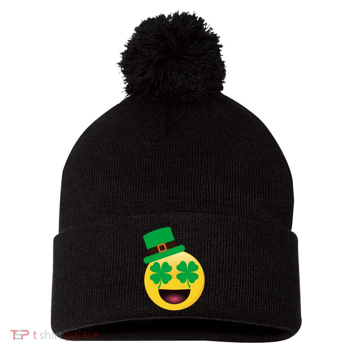 Emoji Smile Clover St. PatrickS Day Pom Pom 12in Knit Beanie