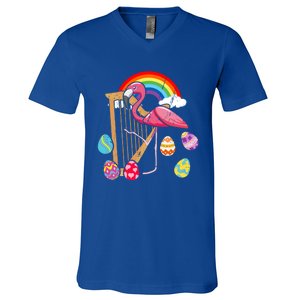 Cute Easter Flamingo Bunny Ear Eggs Basket Harp Funny Gift V-Neck T-Shirt