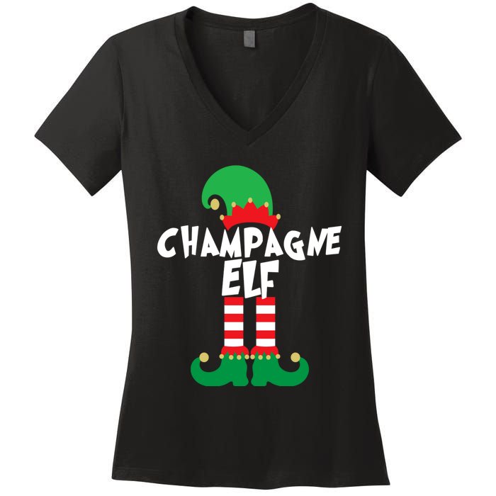 Champagne Elf Funny Christmas Squad Matching Xmas Women's V-Neck T-Shirt