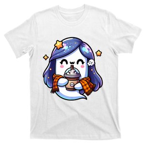 Women Cute Halloween Ghost Drinking Coffee Iced Coffee Premium Gift T-Shirt