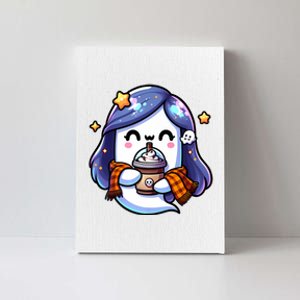 Women Cute Halloween Ghost Drinking Coffee Iced Coffee Premium Gift Canvas