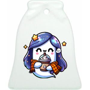 Women Cute Halloween Ghost Drinking Coffee Iced Coffee Premium Gift Ceramic Bell Ornament