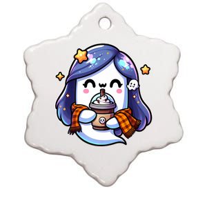 Women Cute Halloween Ghost Drinking Coffee Iced Coffee Premium Gift Ceramic Star Ornament