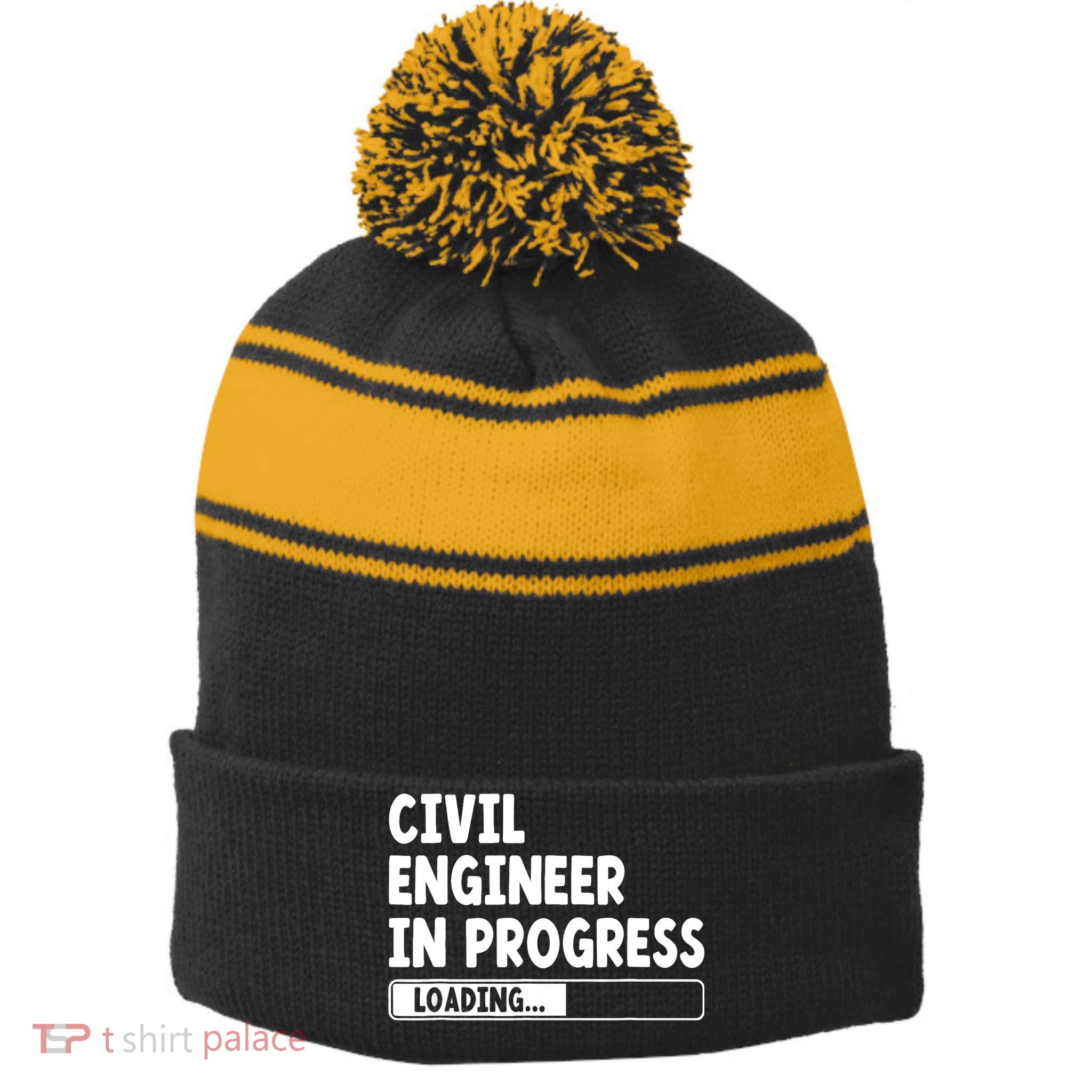 Civil Engineer In Progress Engineering Funny Civil Engineer Stripe Pom Pom Beanie