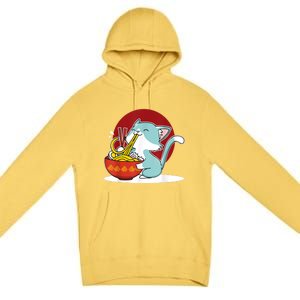 Cat Eating Japanese Ramen Noodles Soup Bowl Kawaii Kitten Premium Pullover Hoodie