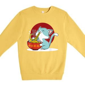 Cat Eating Japanese Ramen Noodles Soup Bowl Kawaii Kitten Premium Crewneck Sweatshirt