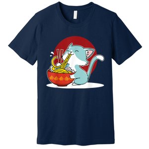 Cat Eating Japanese Ramen Noodles Soup Bowl Kawaii Kitten Premium T-Shirt