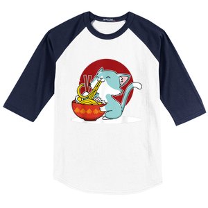 Cat Eating Japanese Ramen Noodles Soup Bowl Kawaii Kitten Baseball Sleeve Shirt