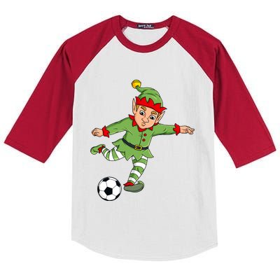 Christmas Elf Kicking Soccer Ball Funny Boys Girls Xmas Gift Kids Colorblock Raglan Jersey