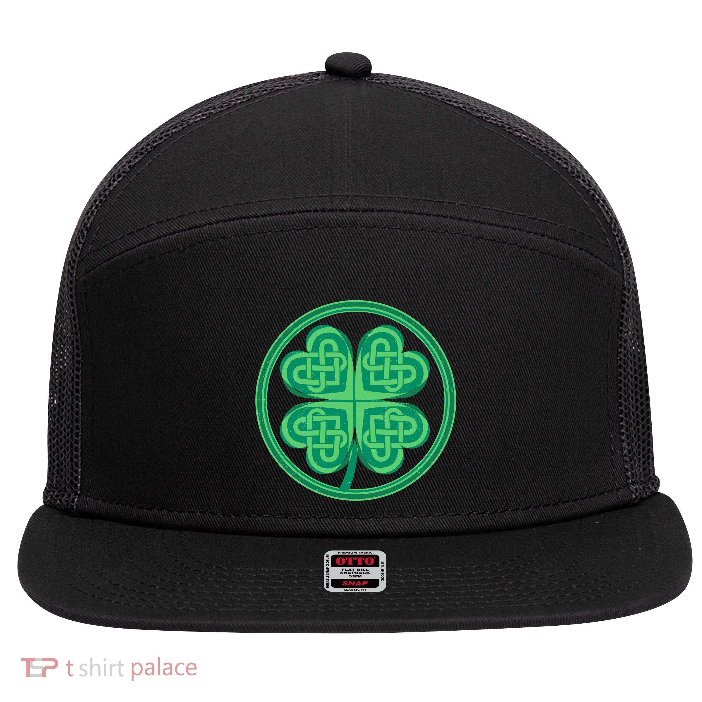Celtic Pattern Shamrock Clover St Patrick's Day 7 Panel Mesh Trucker Snapback Hat