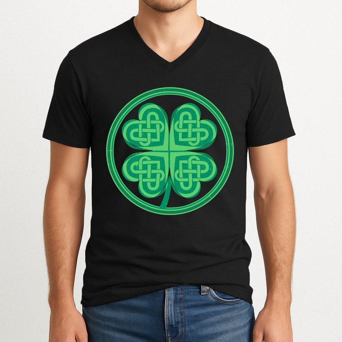 Celtic Pattern Shamrock Clover St Patrick's Day V-Neck T-Shirt