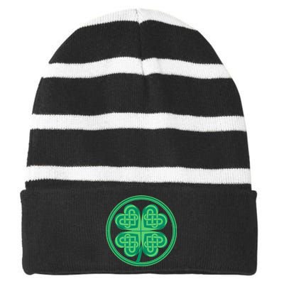 Celtic Pattern Shamrock Clover St Patrick's Day Striped Beanie with Solid Band