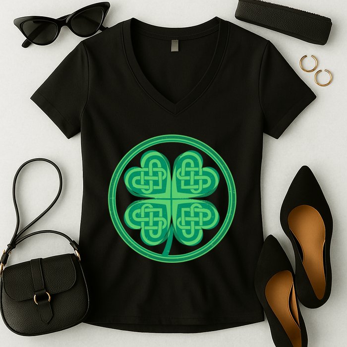 Celtic Pattern Shamrock Clover St Patrick's Day Women's V-Neck T-Shirt