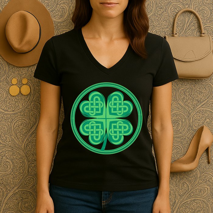 Celtic Pattern Shamrock Clover St Patrick's Day Women's V-Neck T-Shirt