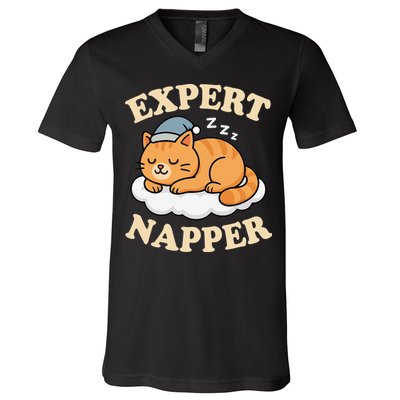 Cat Expert Napper Funny Kitty Sarcasm Humor Cat Saying V-Neck T-Shirt