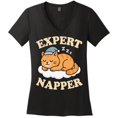 Cat Expert Napper Funny Kitty Sarcasm Humor Cat Saying Women's V-Neck T-Shirt