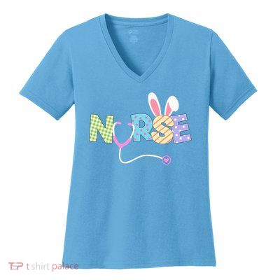 Cute Easter Nurse Bunny Ears Happy Easter Eggs Outfit Women's V-Neck T-Shirt