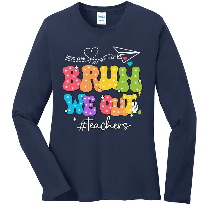 Cute End Of School Year Groovy Summer Bruh We Out Teachers Ladies Long Sleeve Shirt