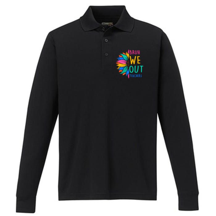 Cute End Of The School Year Bruh We Out Teachers Sunflower Performance Long Sleeve Polo