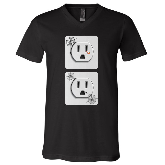 Cute Electrical Outlet Plug & Socket Funny Halloween Couples V-Neck T-Shirt