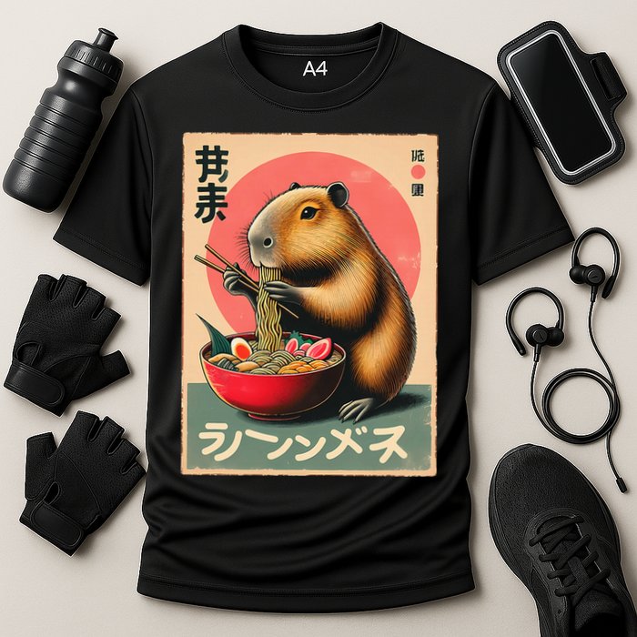 Capybara Eating Ramen Noodles Japanese Art Capybara Cooling Performance Crew T-Shirt