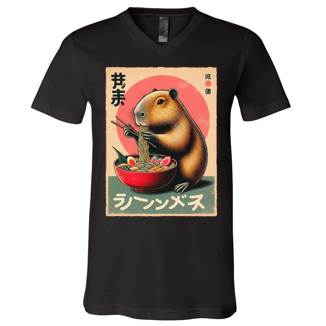 Capybara Eating Ramen Noodles Japanese Art Capybara V-Neck T-Shirt