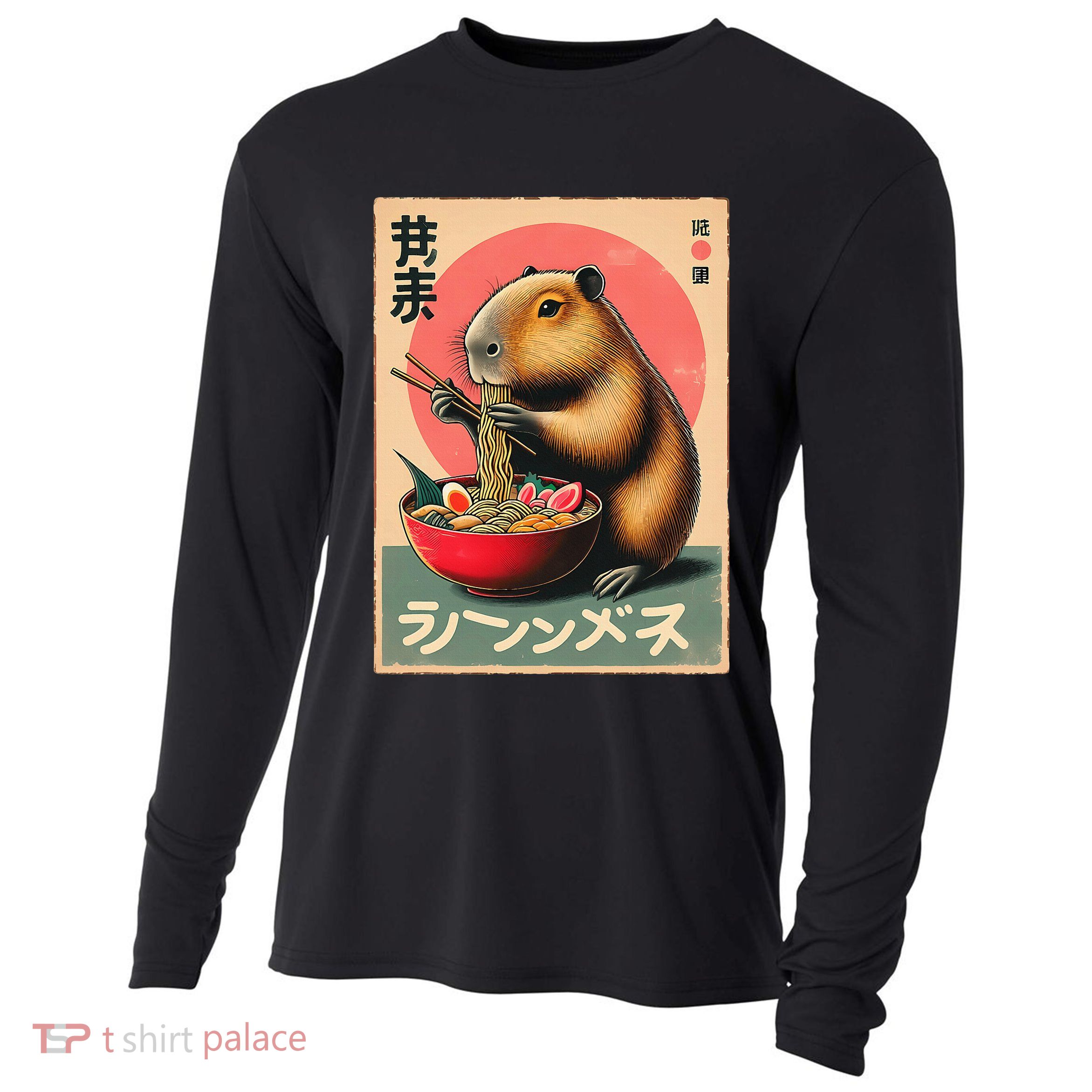 Capybara Eating Ramen Noodles Japanese Art Capybara Cooling Performance Long Sleeve Crew