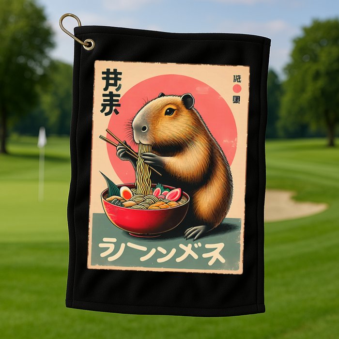 Capybara Eating Ramen Noodles Japanese Art Capybara Golf Towel