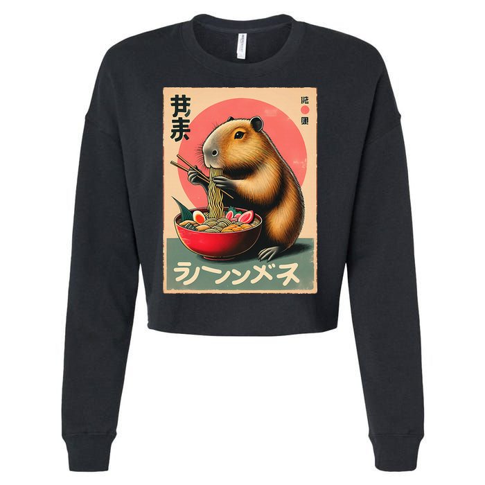 Capybara Eating Ramen Noodles Japanese Art Capybara Cropped Pullover Crew