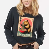 Capybara Eating Ramen Noodles Japanese Art Capybara Cropped Pullover Crew