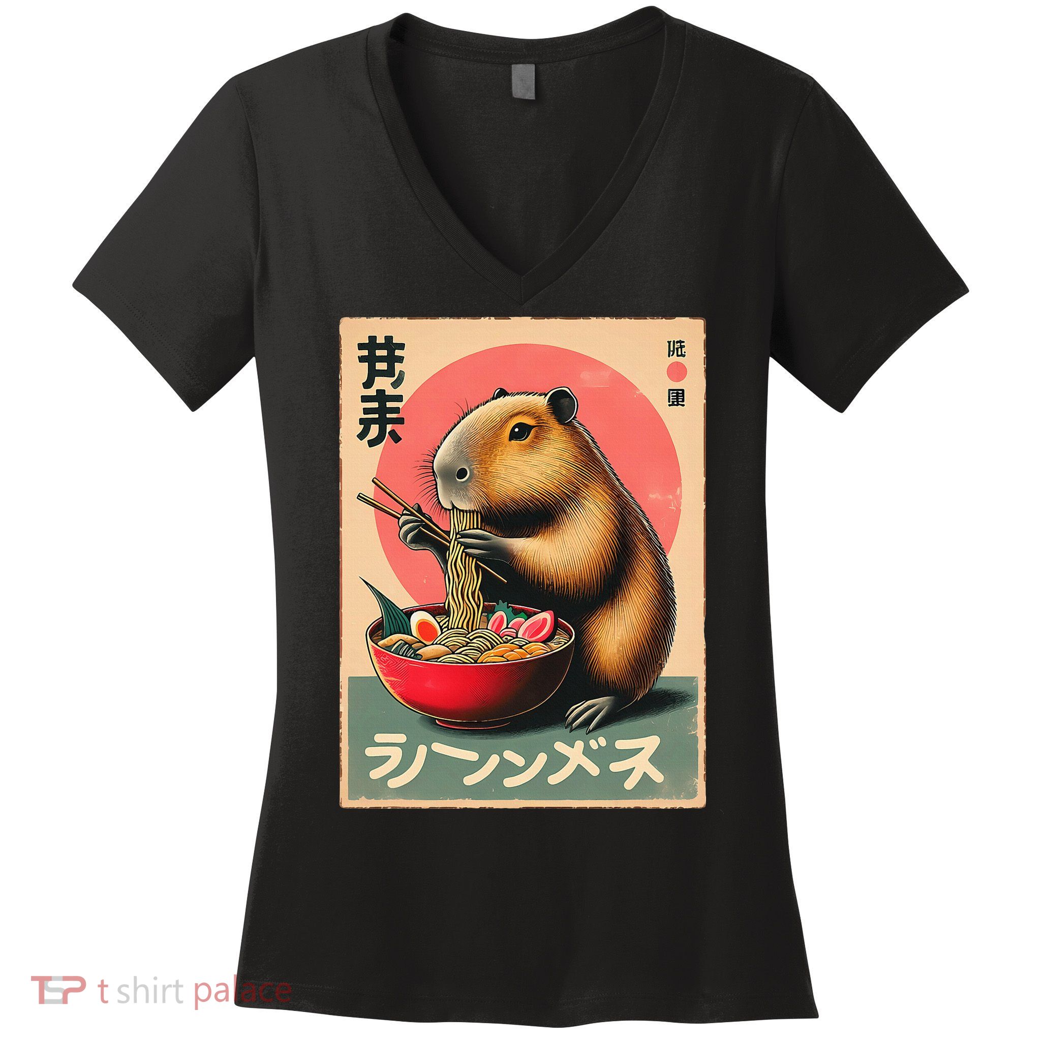 Capybara Eating Ramen Noodles Japanese Art Capybara Women's V-Neck T-Shirt