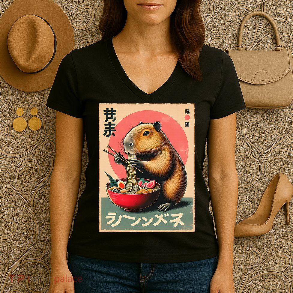 Capybara Eating Ramen Noodles Japanese Art Capybara Women's V-Neck T-Shirt