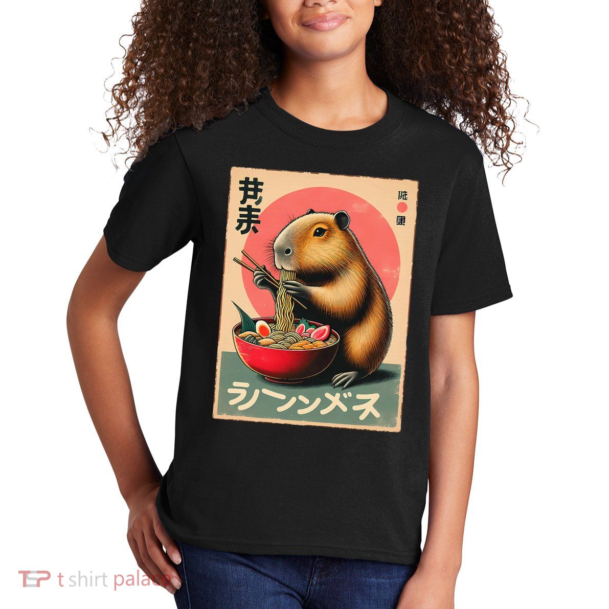 Capybara Eating Ramen Noodles Japanese Art Capybara Kids T-Shirt
