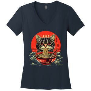 Cat Eating Ramen Noodles Kawaii Anime Manga Japanese Food Women's V-Neck T-Shirt